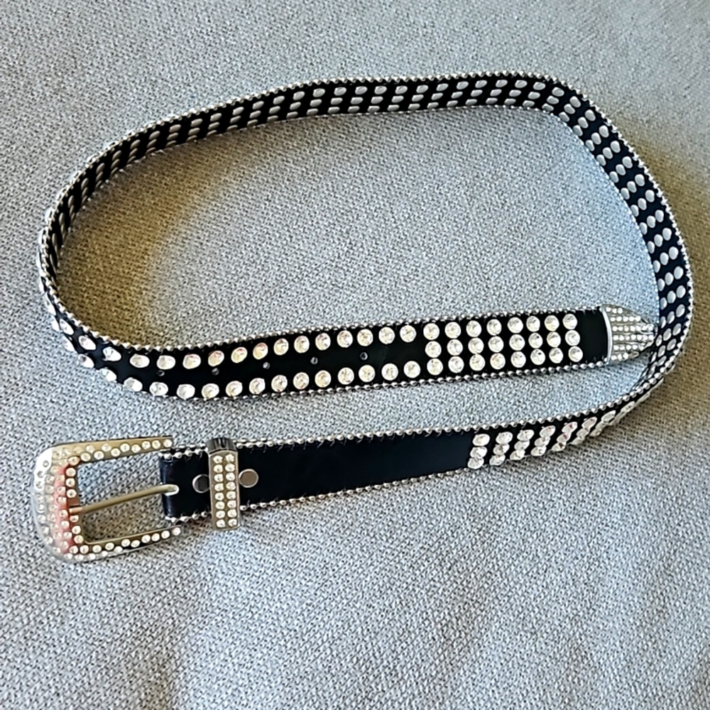 Vintage Rhinestone Leather Belt Large Rivetted